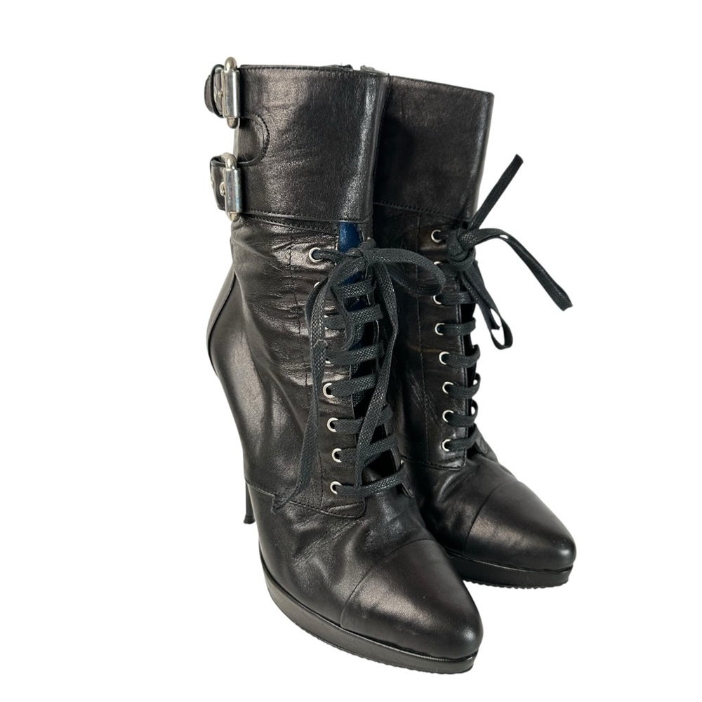 Mimosa Black Leather Stiletto Lace Up Buckle Ankle Boots Euro 37.5 Moto Chic - Picture 5 of 14